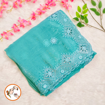 Sky Blue Cutwork border Full Silver Stonework Bridal Partywear Georgette Saree