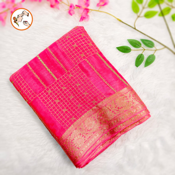 Peachy Pink Colour Golden Embriodery Premium Wrinkle Chiffon Georgette Designer Saree