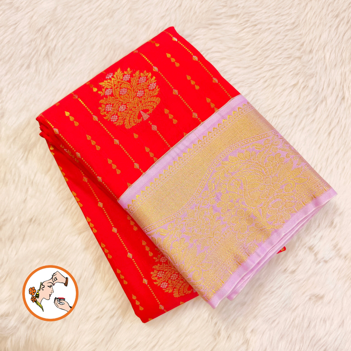 Red with Lavender border Gold Zari weaving Kanchipram Semi Silk Saree