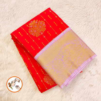 Red with Lavender border Gold Zari weaving Kanchipram Semi Silk Saree