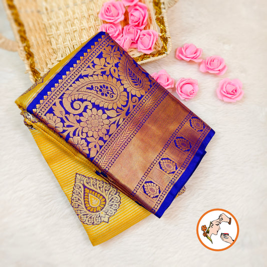 Yellow with Violet border Kanchipuram Tissue Silk Saree with horizontal Stripes