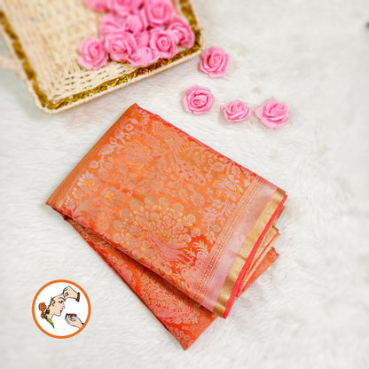 Peachy Pink Silver zari Kanchipuram Tissue Silk Saree