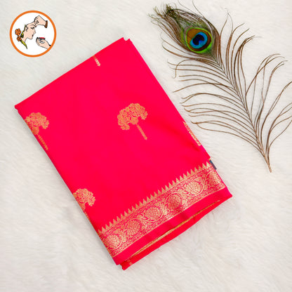 Rani Pink colour small border Soft Silk Saree with contrast blouse