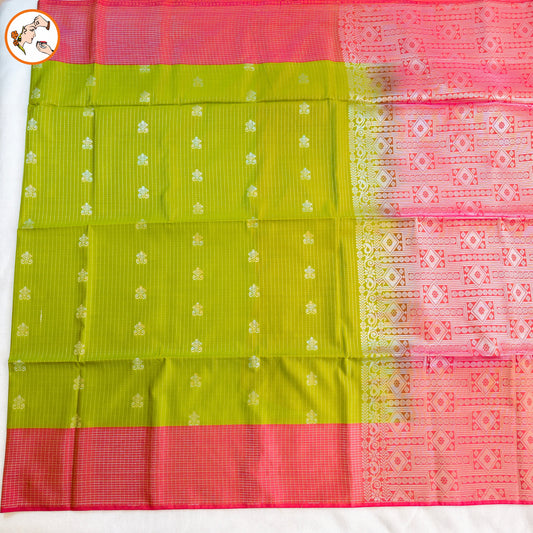 Mehendi Green with Orange Vairoosi border Soft Silk Saree