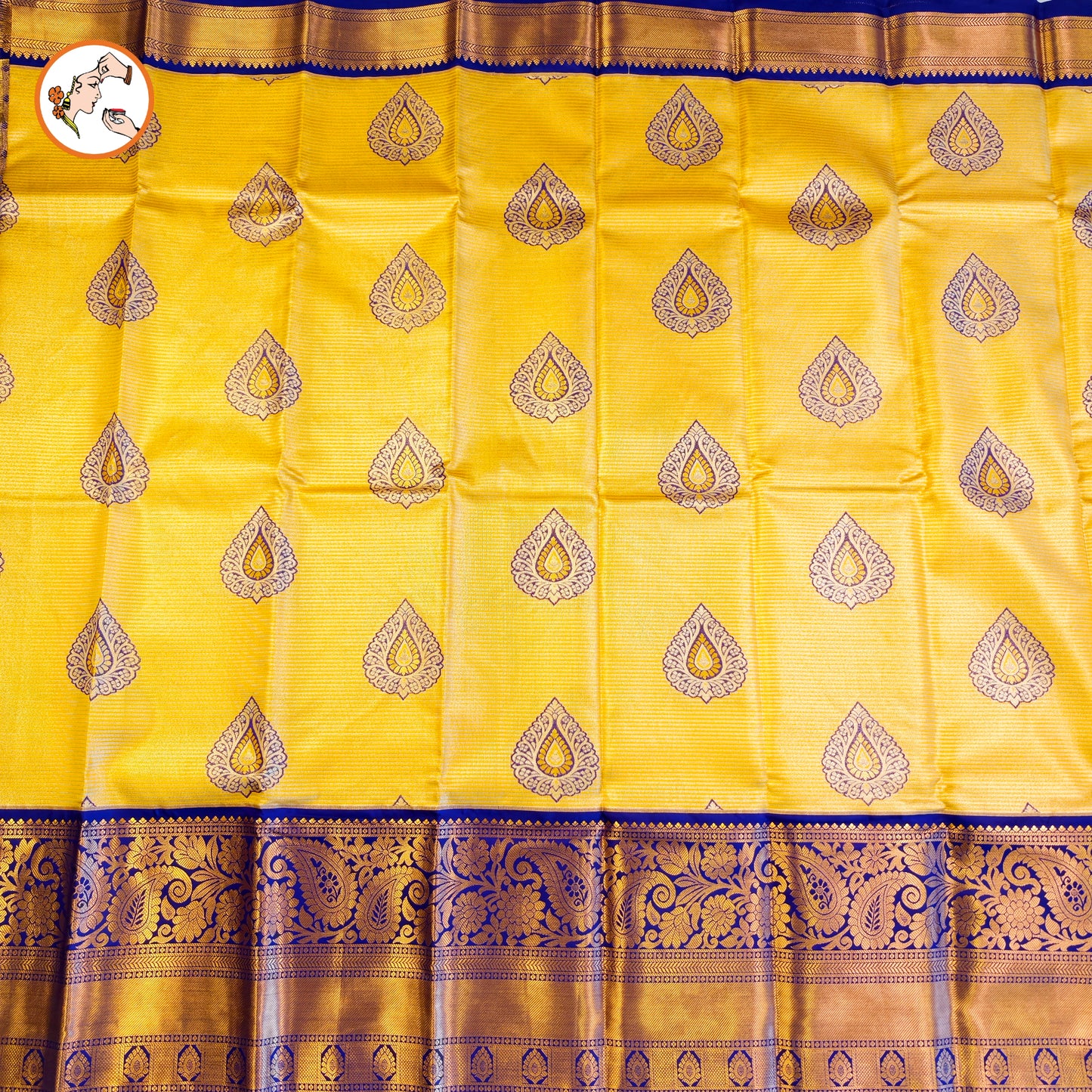 Yellow with Violet border Kanchipuram Tissue Silk Saree with horizontal Stripes