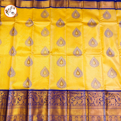 Yellow with Violet border Kanchipuram Tissue Silk Saree with horizontal Stripes