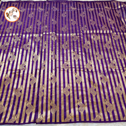 Violet borderless Golden stripes Peacock motif Fancy Silk Saree