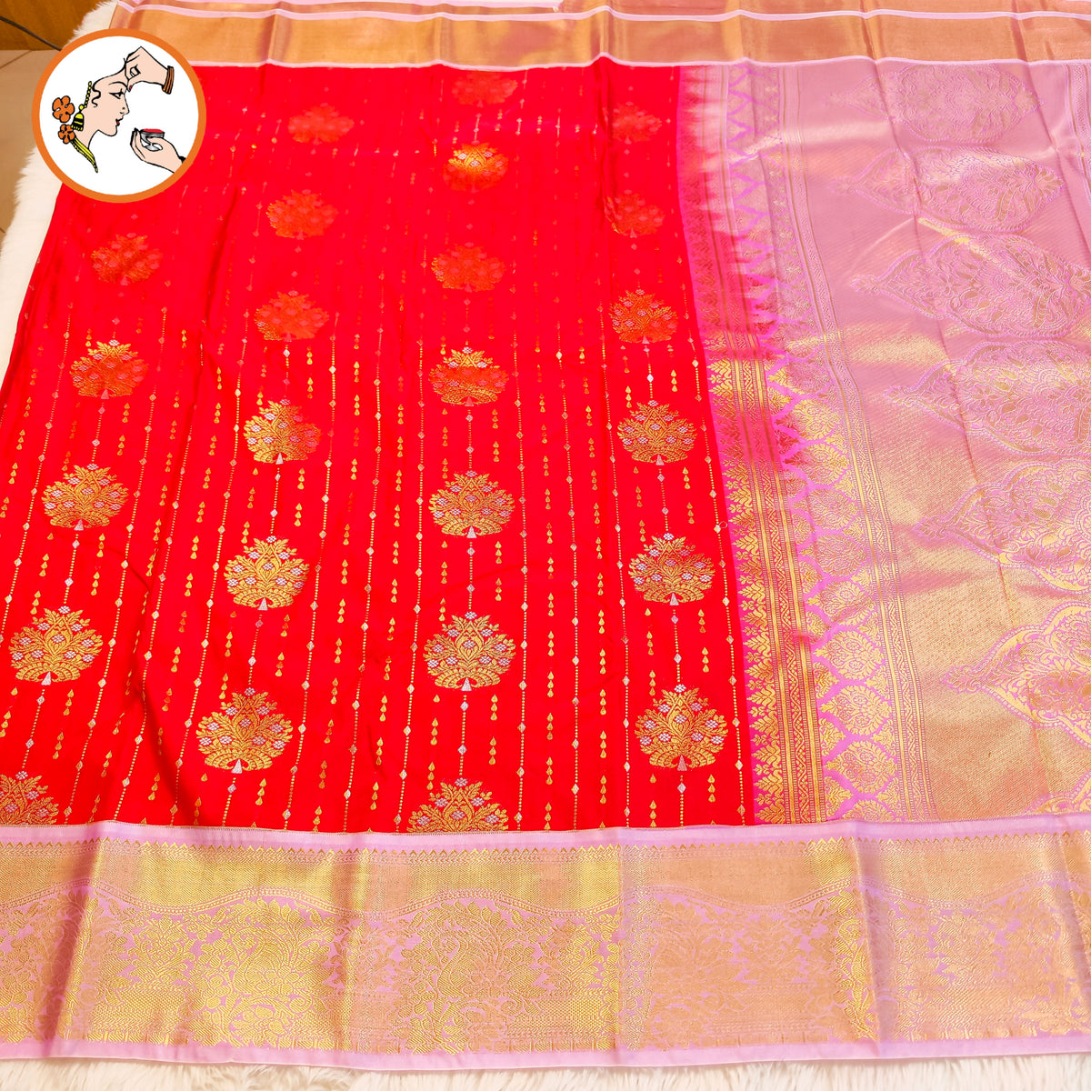 Red with Lavender border Gold Zari weaving Kanchipram Semi Silk Saree