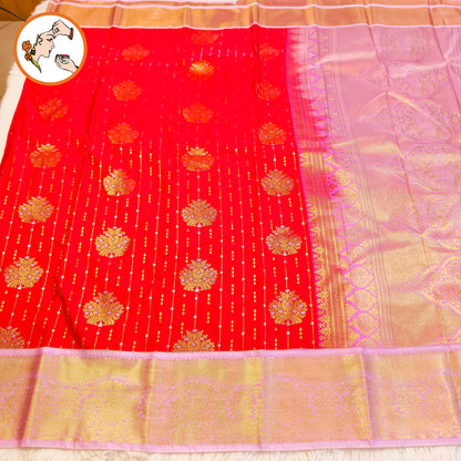 Red with Lavender border Gold Zari weaving Kanchipram Semi Silk Saree