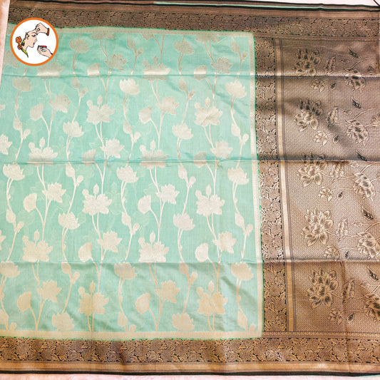 Light Green with Dark Green border Jaal design Banarasi Silk Saree (Light Weight)