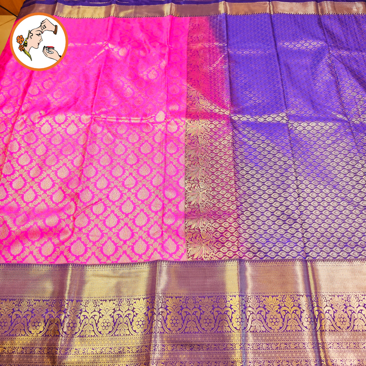 Pink with Blue border Golden zari work Traditional Kanchipuram Mix Silk Saree
