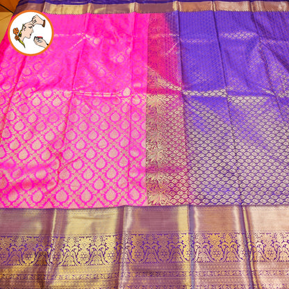 Pink with Blue border Golden zari work Traditional Kanchipuram Mix Silk Saree