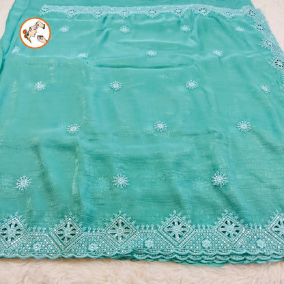 Sky Blue Cutwork border Full Silver Stonework Bridal Partywear Georgette Saree