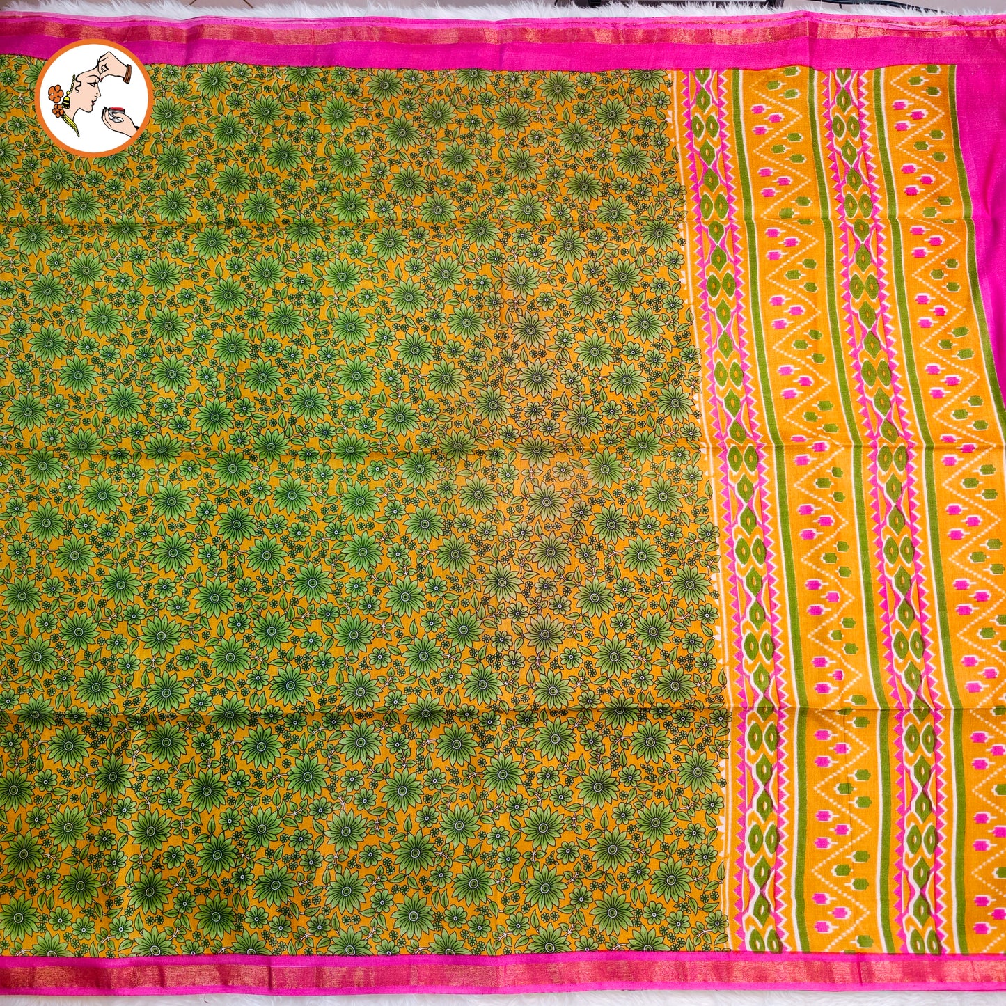 Yellow with Pink Floral Bhagal puri Cotton Casual Saree