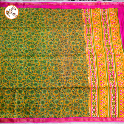 Yellow with Pink Floral Bhagal puri Cotton Casual Saree