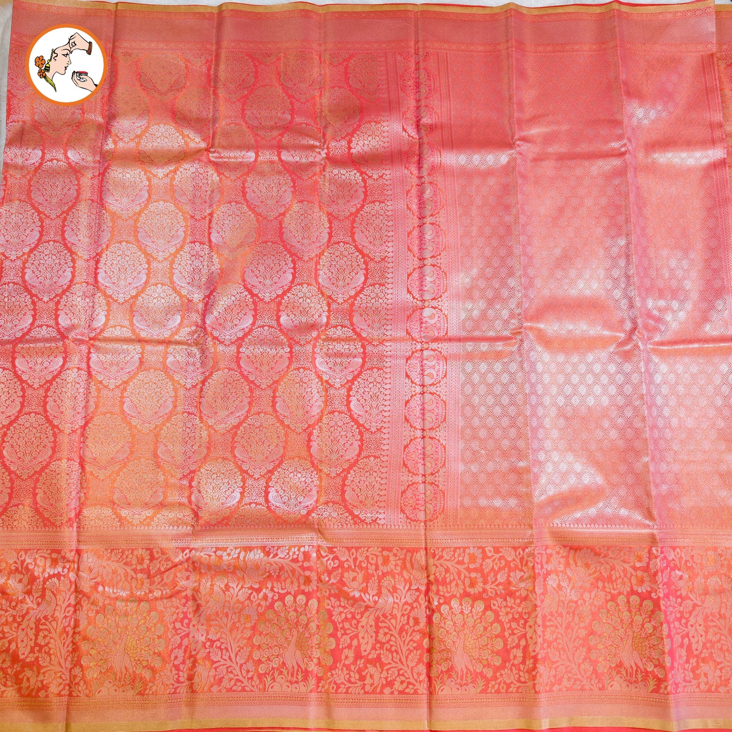 Peachy Pink Silver zari Kanchipuram Tissue Silk Saree