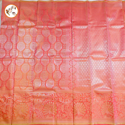 Peachy Pink Silver zari Kanchipuram Tissue Silk Saree