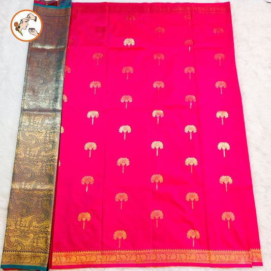 Rani Pink colour small border Soft Silk Saree with contrast blouse
