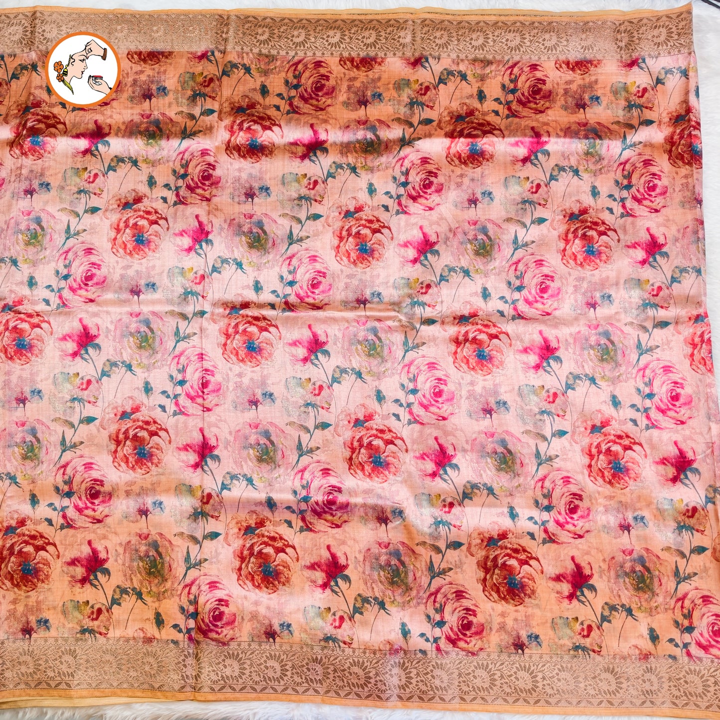 Pastel Pink Floral theme Raw Silk Desgner Saree