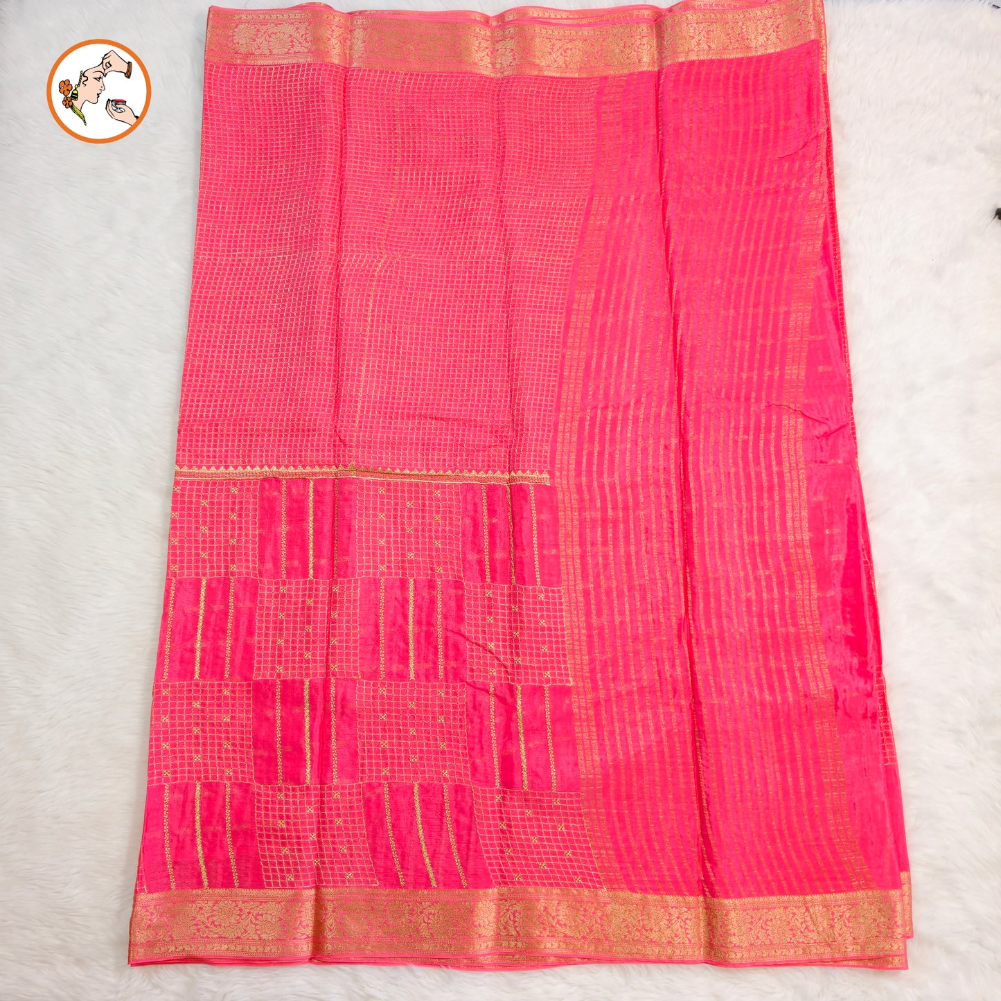 Peachy Pink Colour Golden Embriodery Premium Wrinkle Chiffon Georgette Designer Saree