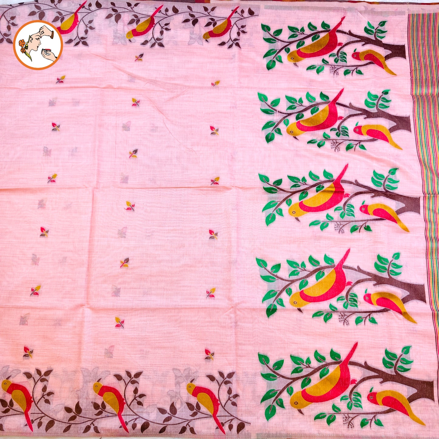 Light Pink sparrow theme Cotton Casual Saree