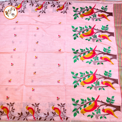 Light Pink sparrow theme Cotton Casual Saree