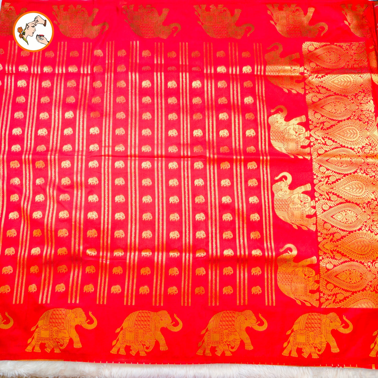 Red Viscose Soft Silk Saree with Elephant motifs & border
