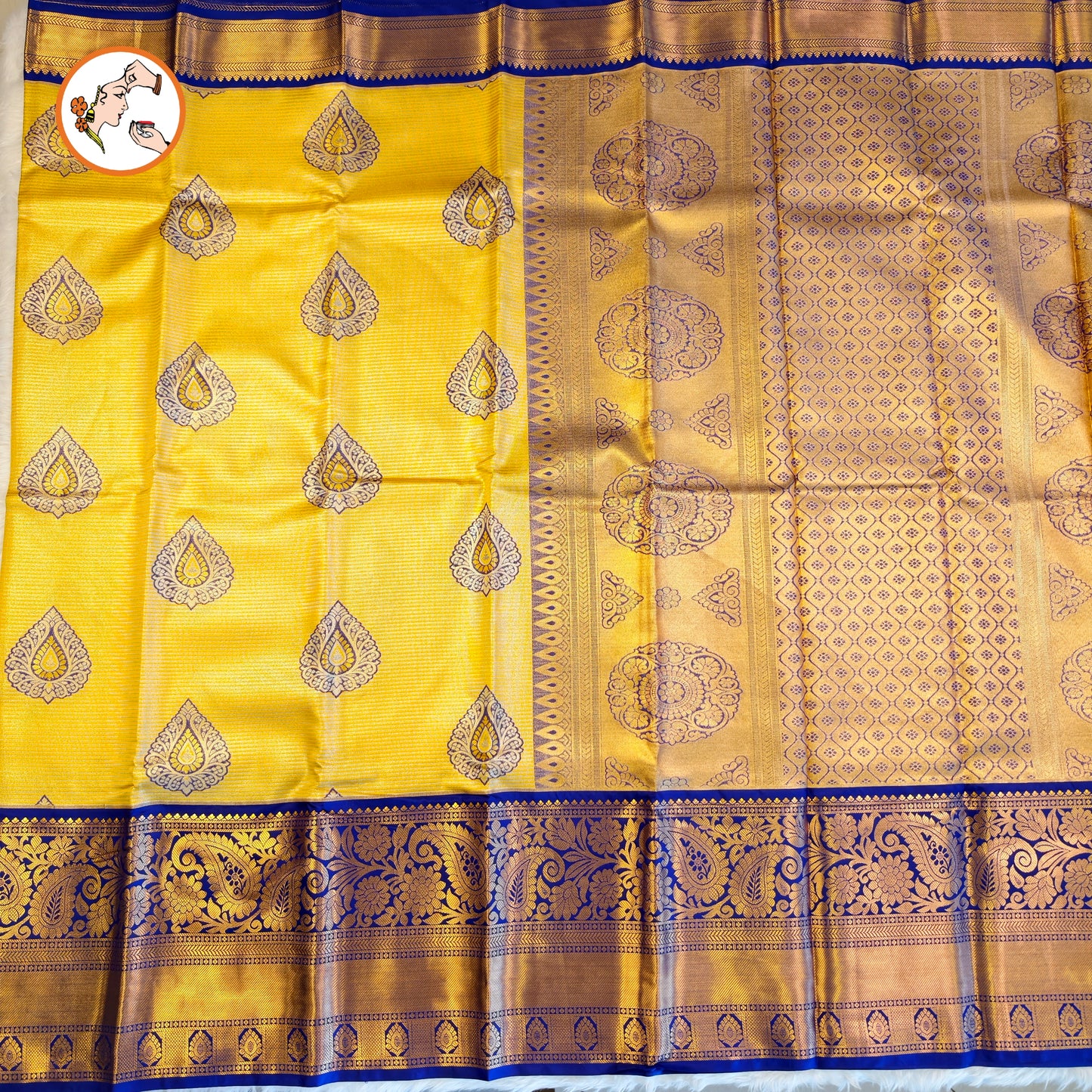Yellow with Violet border Kanchipuram Tissue Silk Saree with horizontal Stripes