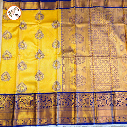 Yellow with Violet border Kanchipuram Tissue Silk Saree with horizontal Stripes
