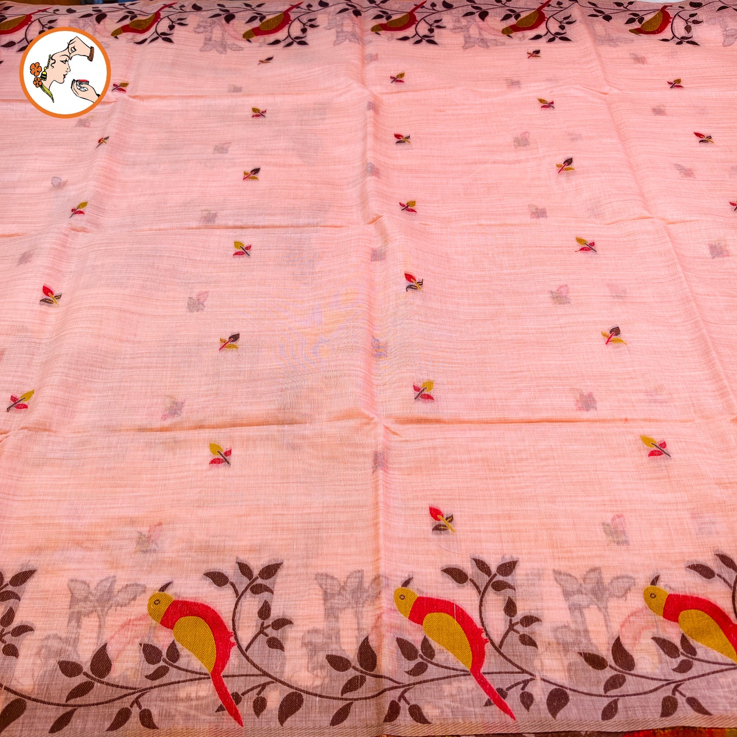 Light Pink sparrow theme Cotton Casual Saree