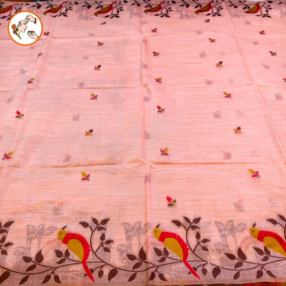 Light Pink sparrow theme Cotton Casual Saree