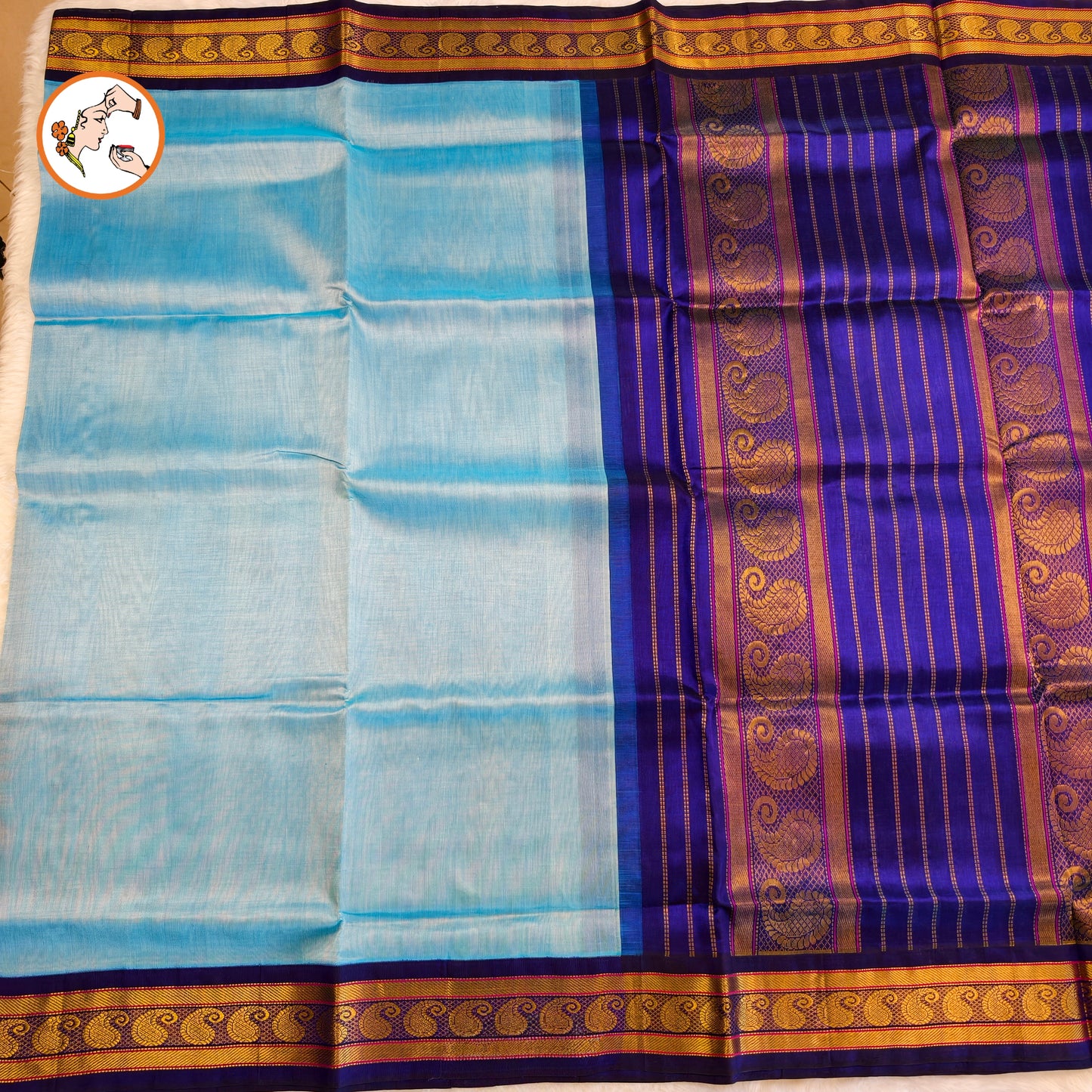 Sky Blue Traditional Pure Silk Cotton Saree with Mango border