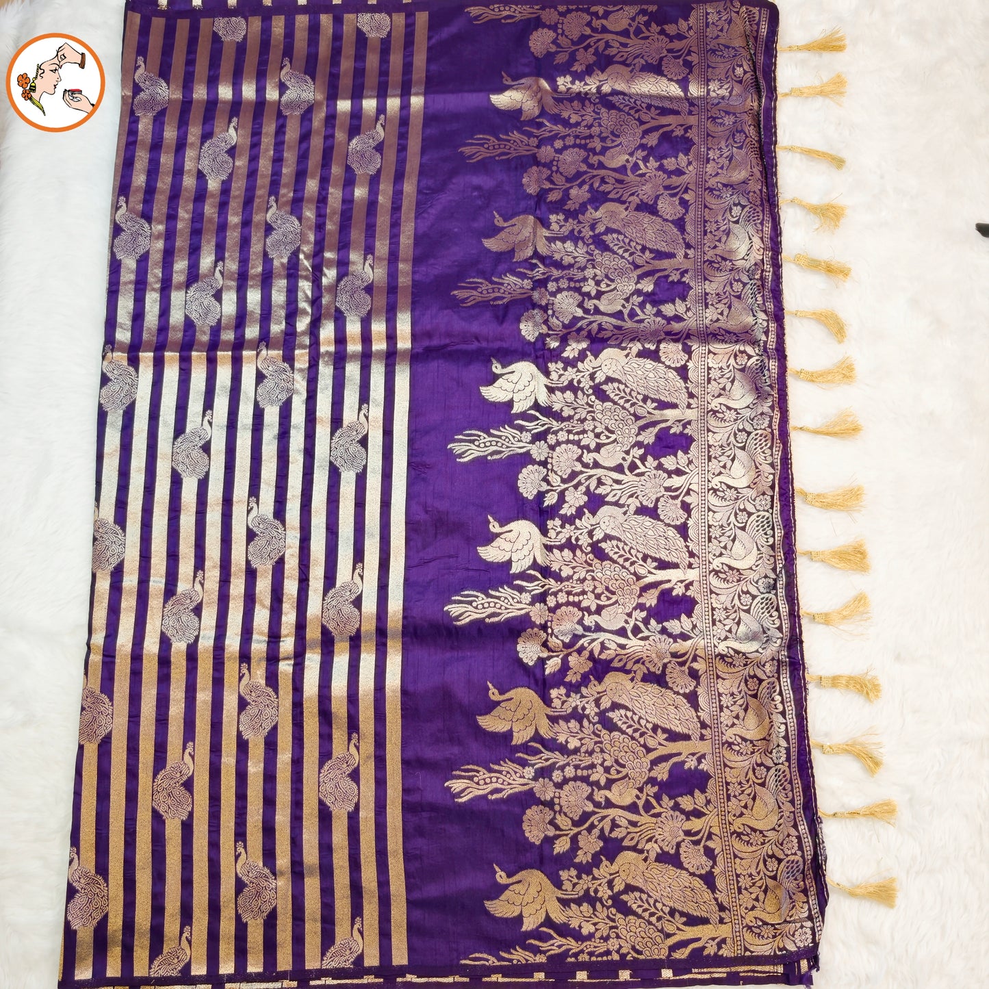 Violet borderless Golden stripes Peacock motif Fancy Silk Saree