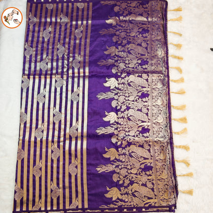 Violet borderless Golden stripes Peacock motif Fancy Silk Saree