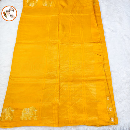 Yellow classic Podi Kattam & Elephant border Viscose Soft Silk Saree