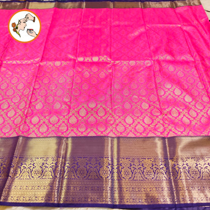 Pink with Blue border Golden zari work Traditional Kanchipuram Mix Silk Saree