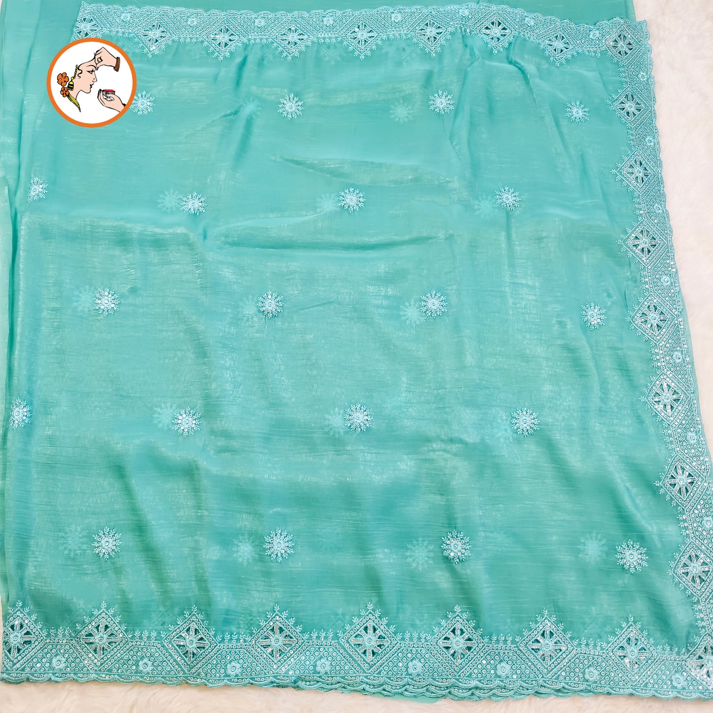 Sky Blue Cutwork border Full Silver Stonework Bridal Partywear Georgette Saree