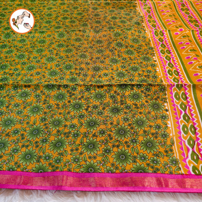 Yellow with Pink Floral Bhagal puri Cotton Casual Saree