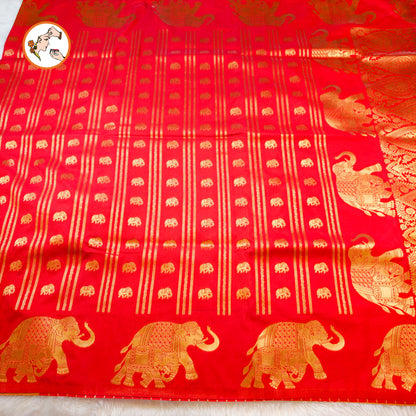 Red Viscose Soft Silk Saree with Elephant motifs & border