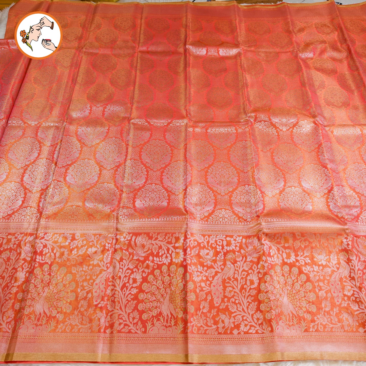 Peachy Pink Silver zari Kanchipuram Tissue Silk Saree