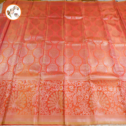 Peachy Pink Silver zari Kanchipuram Tissue Silk Saree
