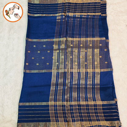 Dark Navy Blue Traditional Vairoosi Soft Viscose Fancy Silk Saree with Gold zari stripes