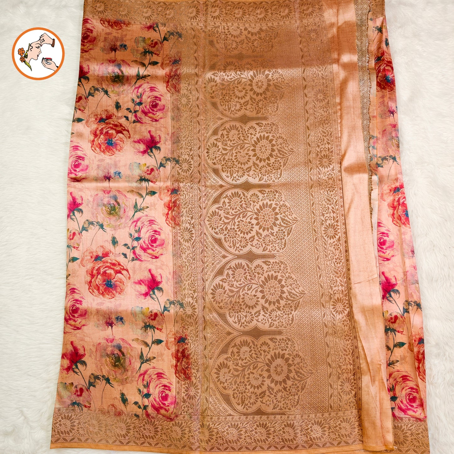 Pastel Pink Floral theme Raw Silk Desgner Saree