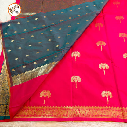 Rani Pink colour small border Soft Silk Saree with contrast blouse