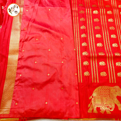 Red Viscose Soft Silk Saree with Elephant motifs & border