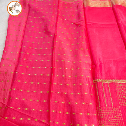 Peachy Pink Colour Golden Embriodery Premium Wrinkle Chiffon Georgette Designer Saree