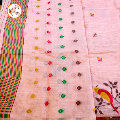 Light Pink sparrow theme Cotton Casual Saree