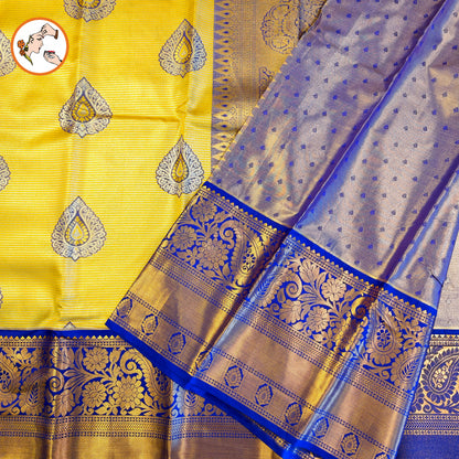 Yellow with Violet border Kanchipuram Tissue Silk Saree with horizontal Stripes