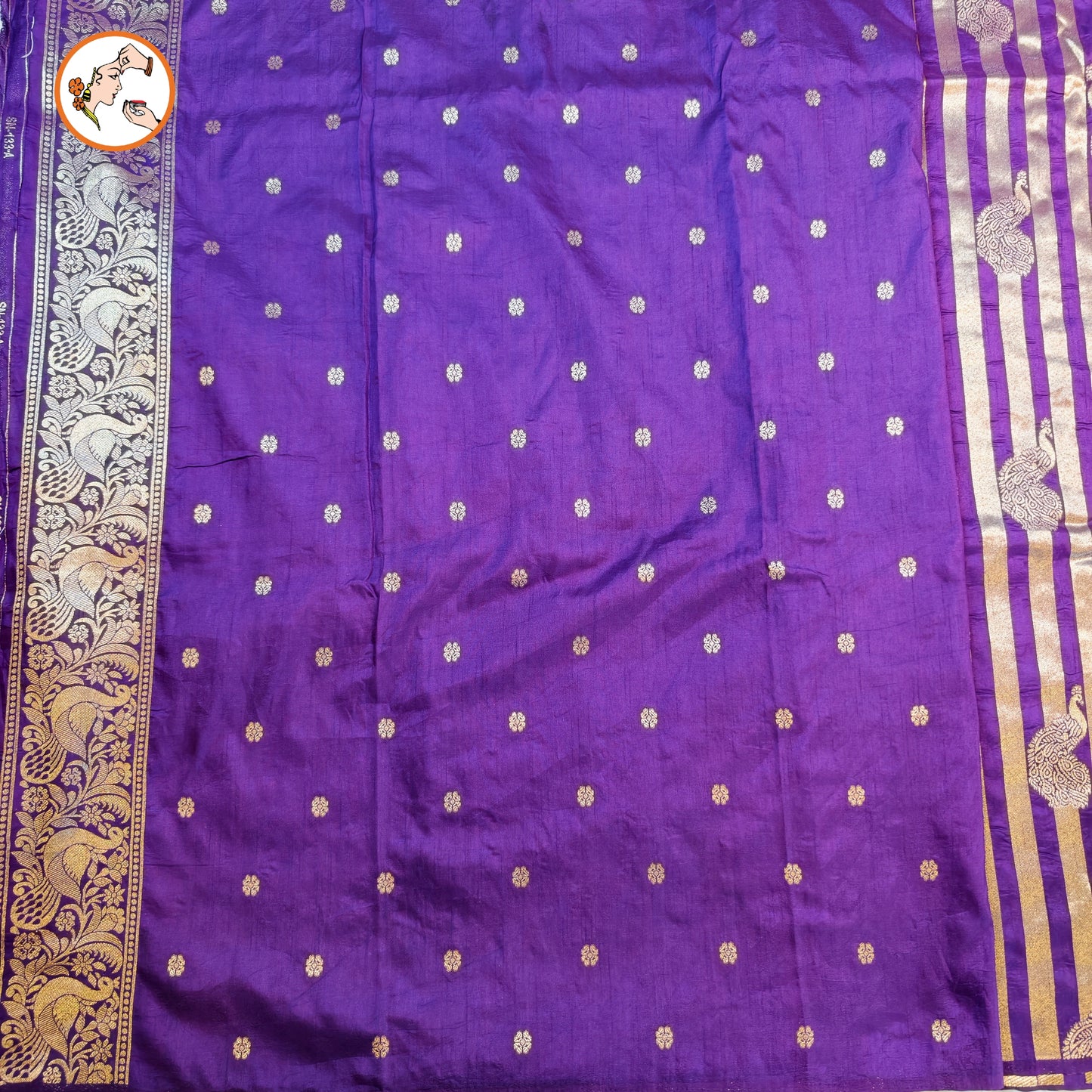 Violet borderless Golden stripes Peacock motif Fancy Silk Saree