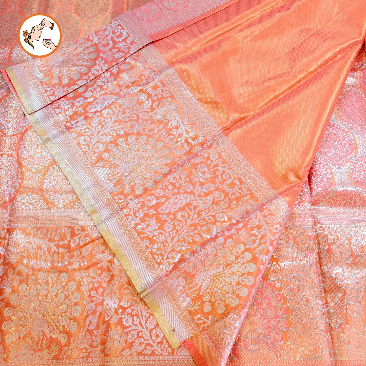 Peachy Pink Silver zari Kanchipuram Tissue Silk Saree